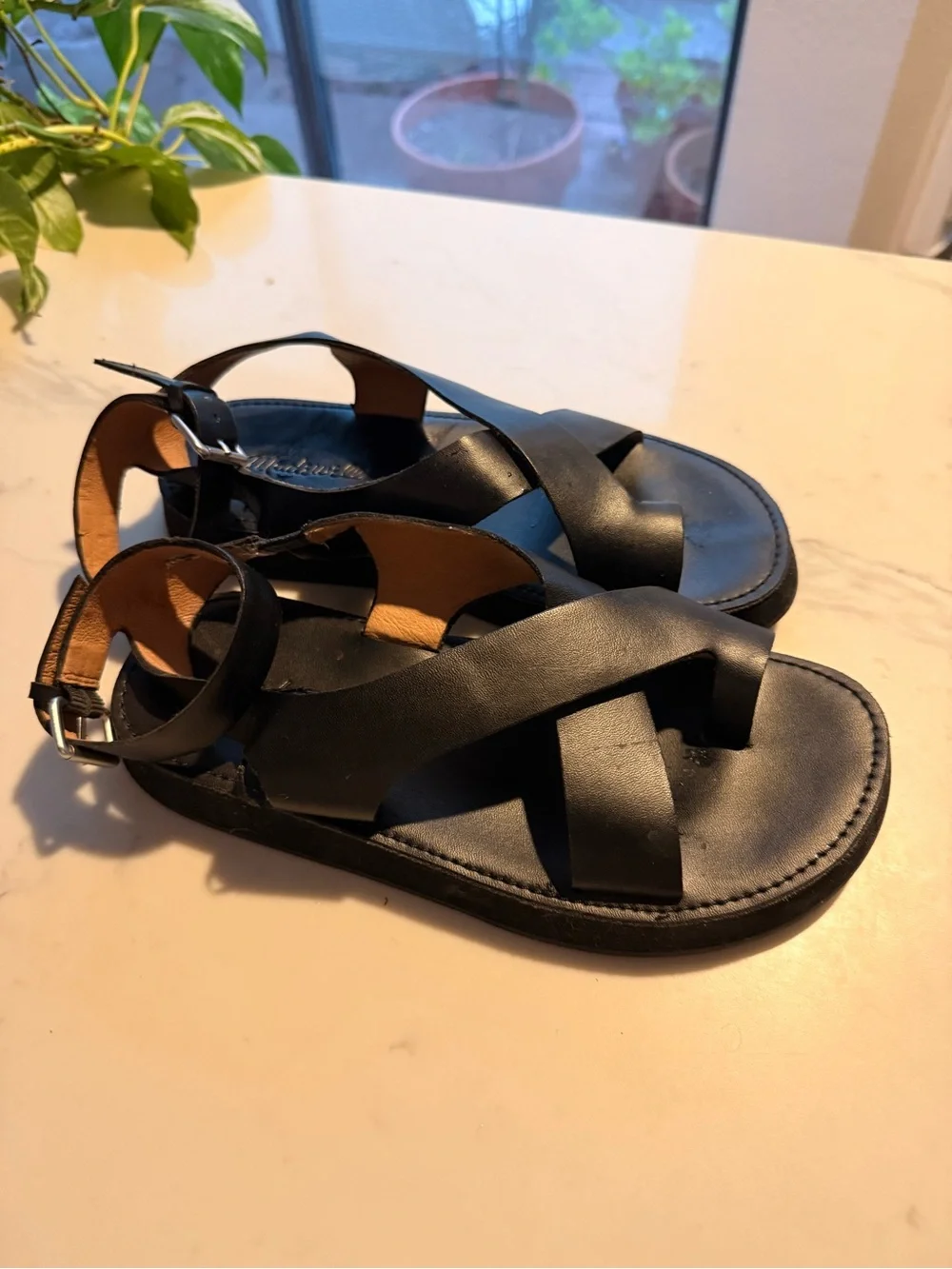 Black Leather women’s Cross-Strap Sandals ( not kids shoes)